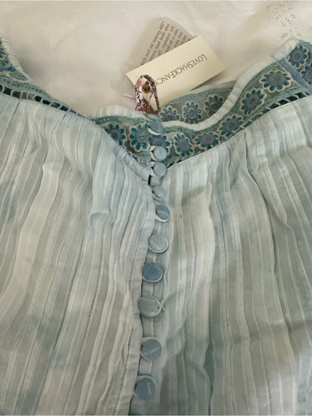 LoveShackFancy Light Blue Embroidered Puff-Sleeve Crop Top
